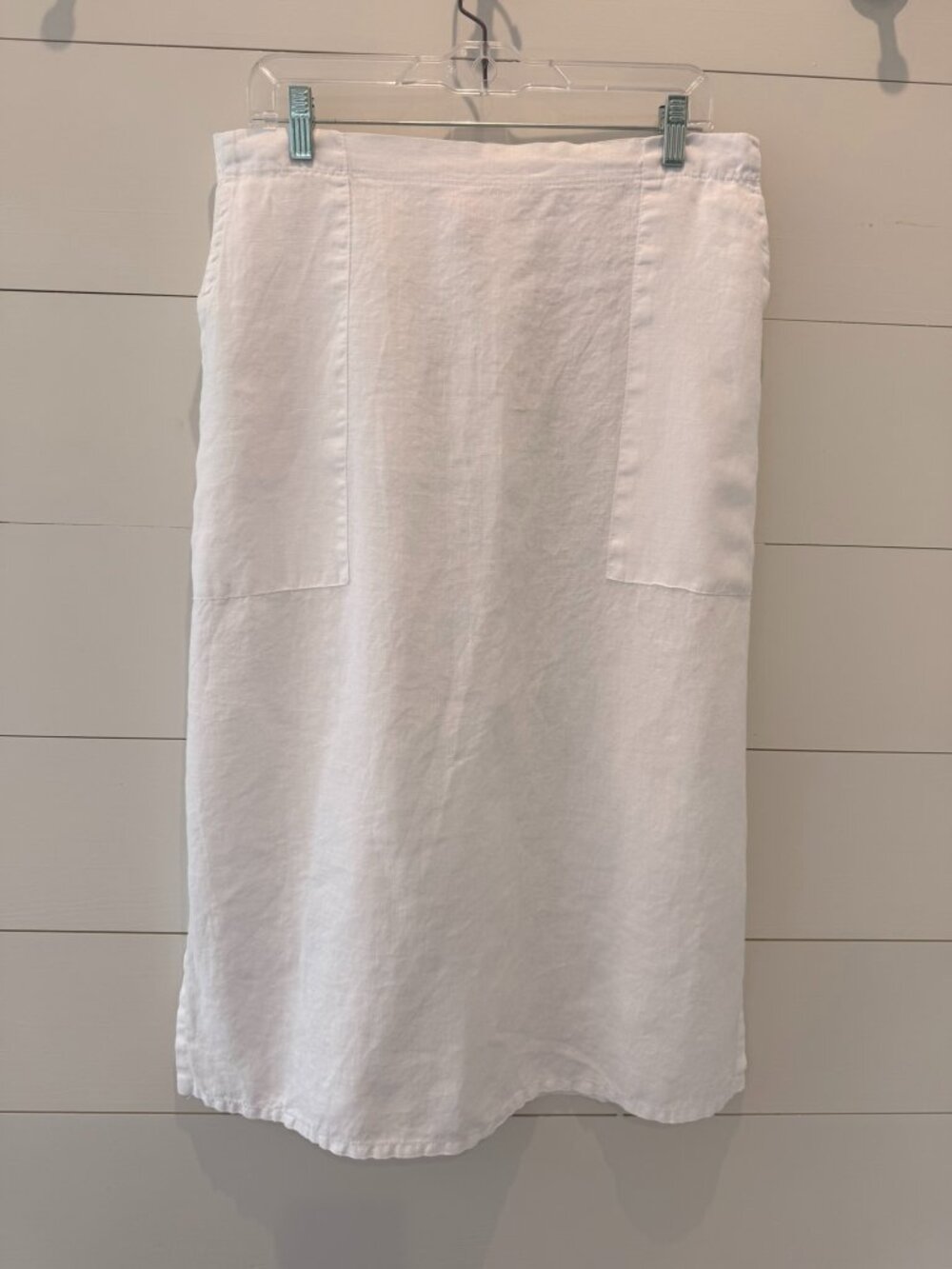 BECASA White 100% Linen Cargo Midi Skirt | Made in USA | Size Large